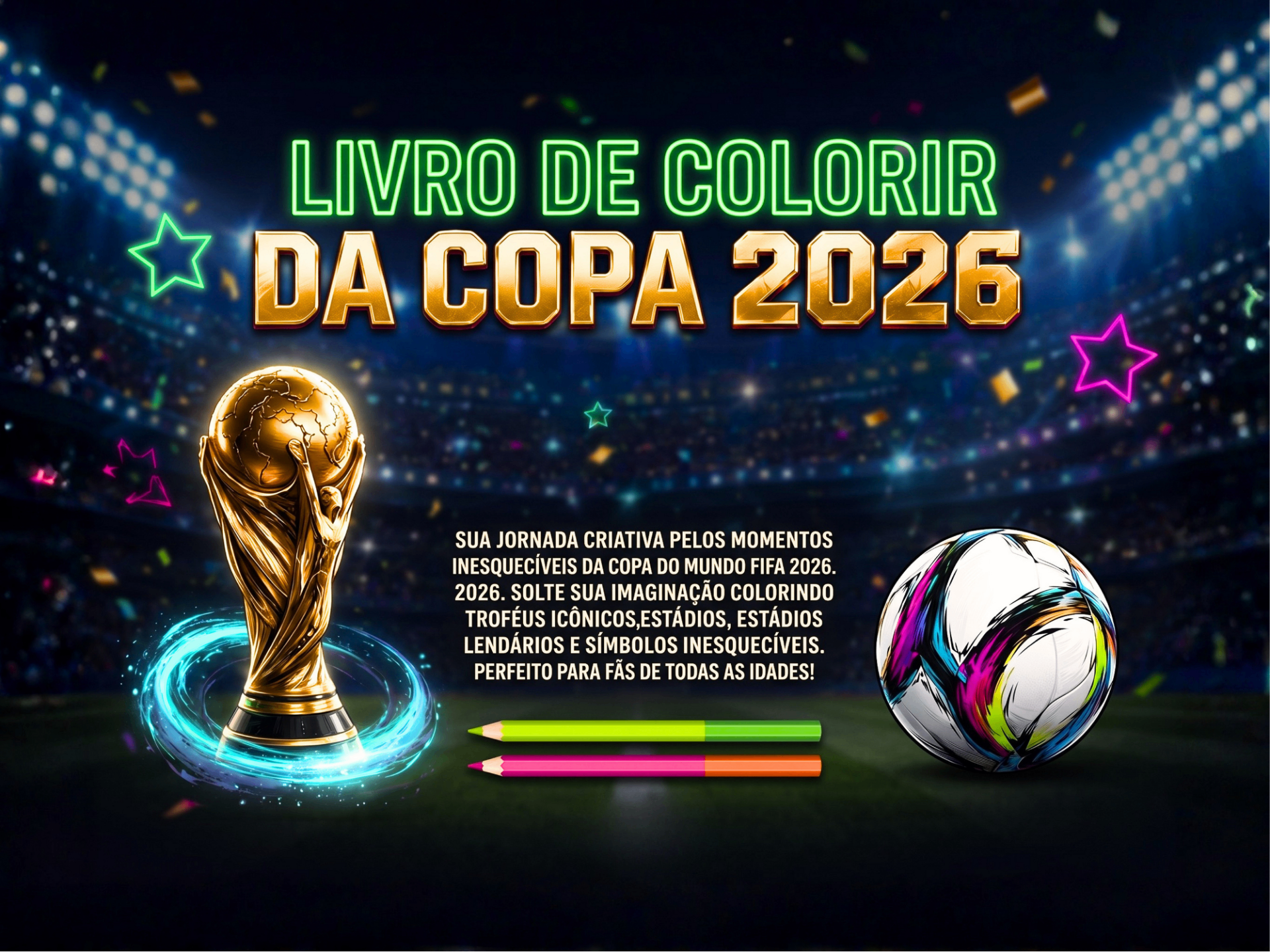 Capa do Livro de Colorir da Copa 2026 com estádio, troféu e bola